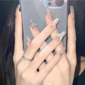Short press-on nails with bean paste gradient, silver glitter and butterfly accents - Z501 Diamond Butterfly / Nail Glue Version