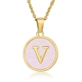 18K gold plated necklace featuring a pink shell pendant with a golden letter V charm - Gold V (With Chain)