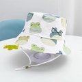 White kids bucket hat with green cartoon frog print and adjustable chin strap - White-Frog