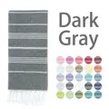 Detailed view of dark gray Turkish beach towel with white stripes and fringe tassels - Dark Gray