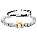 Adjustable black cord bracelet with silver textured beads and golden crown charm - Steel Bracelet Gold Crown-6MM