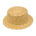 Close-up of fine woven wheat straw boater hat with a flat top and vintage texture - Short Brim Style