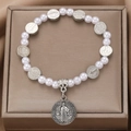 St. Benedict vintage silver-tone charm bracelet with white pearls in a velvet jewelry box - St. Benedict Pearl Antique Bracelet (K-180)