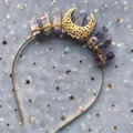 Detail view of handmade gold wire-wrapped purple crystal moon crown headband - Gold Headband/Large Gold Moon/Labradorite Crystal