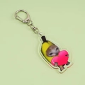 Banana cat acrylic keychain with pink heart charm and silver metal D-ring buckle - Heart Style