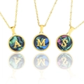 18K gold plated necklace with iridescent shell round pendant featuring letter A M or S - Round Leopard Print Shell Yn-02 / Letter M
