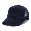 Detail of dark navy trucker hat featuring breathable mesh back and curved stitched brim - One Size / Navy Blue