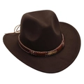 Detail of dark brown felt cowboy hat with ethnic braided band and golden feather charm - Coffee Cowboy (Gold Feather)