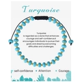 Detail of turquoise beaded bracelet with golden spacers on a symbolic meaning card - Turquoise Bracelet