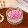 Pink rose petal aromatherapy candle in embossed glass jar on a rustic wooden tray - Pink Peony Shape Style 2