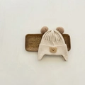 Cream knit baby earflap hat with brown bear embroidery and faux fur pom-poms - Suggest 10 Months-4 Years / Bear Hat - Beige