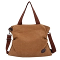 Bolso tote de lona marrón con correa ajustable y detalle de insignia redonda retro - café