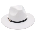 Close-up of white wool fedora with a black leather band and golden metal buckle detail - One Size / White (Single Band)