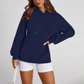 Felpa con cappuccio oversize in pile blu scuro da donna con tasca a marsupio e cordoncino - S / Blu navy