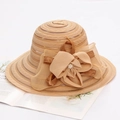 Elegant khaki wide brim sun hat with mesh bow and pearl accent on fashion magazine - One Size / Khaki