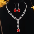 Luxury silver bridal jewelry set with red teardrop gemstones and cubic zirconia crystals - DTN14027339R-Silver Red Teardrop Main Stone