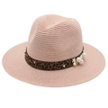 Detail of pink straw fedora featuring leopard print band and decorative white pearls - Flesh Pink