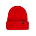 Detailed view of red ribbed knit beanie with black leather patch and metal stud detail - M (56-58cm) / Red