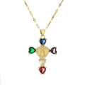 Collana a croce dorata con cinque gemme a cuore colorate e rilievo della Vergine Maria - Colorato
