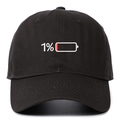 Close-up of low battery embroidery on a black cotton baseball cap with 1% detail - Adjustable / Dark Gray