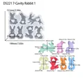 7-cavity bunny silicone mold for resin craft, including heart details and product dimensions - D5221-7 Cavity Heart Rabbit Full Version Mold