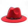 Detail of red wool fedora hat featuring black braided band with metallic beads and stones - M (56-58cm) / Red
