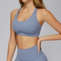 Damen Sport-BH und High-Waist-Leggings Set in Morandi Blau-Grau für Yoga und Fitness - L / Denim-Blau