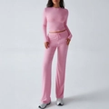 Pink Y2K two-piece sportswear set with cropped long sleeve top and wide-leg drawstring pants - S / Pink