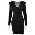 Detail view of black long sleeve mini dress featuring draped V-neck and ruched fabric texture - S / Black