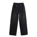 Detail of high waisted wide leg denim pants featuring a unique crossover double-button waist - XS / Black