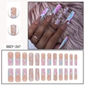 Long coffin press-on nails with blue tie-dye floral patterns and 3D flower accents - SGCY-267 / Glue Type