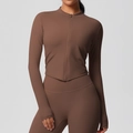 Women's 2-piece dark brown yoga set featuring a cropped zip jacket and high-waist leggings - Chestnut Brown