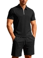 Set casual da uomo nero con polo e pantaloncini in tessuto a maglia a nido d'ape - Nero