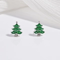 Close-up of S925 silver Christmas tree earrings with green enamel and sparkling crystals - Green Christmas Tree Earrings