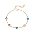 Minimalist gold stainless steel bracelet featuring five multi-colored heart-shaped zircons - Gold-Multicolor Zirconia