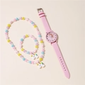 Rosa Einhorn Quarzuhren-Set mit passender Perlenkette und Armband für Mädchen - Rosa