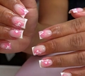 Detail of square ombre nails with white hibiscus flower art and a glossy finish - Pink White Gradient Hibiscus Style (CW795)