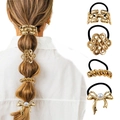Set of 4 punk style golden metal hair rings with pearl bow and textured chain links - Set 3 (4Pcs Chain & Pearl Bow)