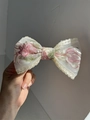 Delicate lace bow hair clip with pink floral embroidery and green leaf pattern detail - Small - Pink Vine