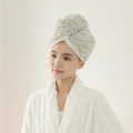 Thick light green coral fleece hair drying towel with soft cloud grid texture - Light Green