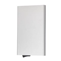 Detailed macro view of the silver aluminum RFID blocking card holder with pop-up mechanism - Silver