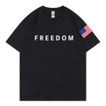 Black cotton t-shirt featuring white Freedom print and US flag detail on the sleeve - S / Black
