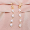 Elegant gold knot drop earrings featuring four natural baroque pearls in a sleek long style - Gold Knot White 4-Pearl Style