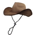 Detail of brown straw cowboy hat with dense woven texture and adjustable wind rope - Khaki