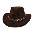 Detail of brown felt cowboy hat with colorful beaded band and star pattern textures - One Size / Coffee (Tibetan Sugar Beans)
