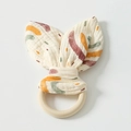 Baby comfort toy with natural wooden ring and printed cotton gauze rabbit ears - Rainbow Rain
