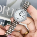 Luxury women's quartz watch with silver steel strap and sparkling rhinestone bezel - Silver