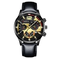 Montre quartz sport pour homme avec bracelet cuir noir et cadran multifonction noir et or - Boîtier Noir Cadran Or