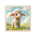 Educational square wooden puzzle with 9 pieces featuring a cute 3D cartoon white sheep - Sheep