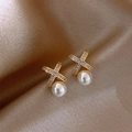 Elegant gold pearl stud earrings with a crisscross diamond-set design on silk cloth - 32# Geometric Pearl Studs